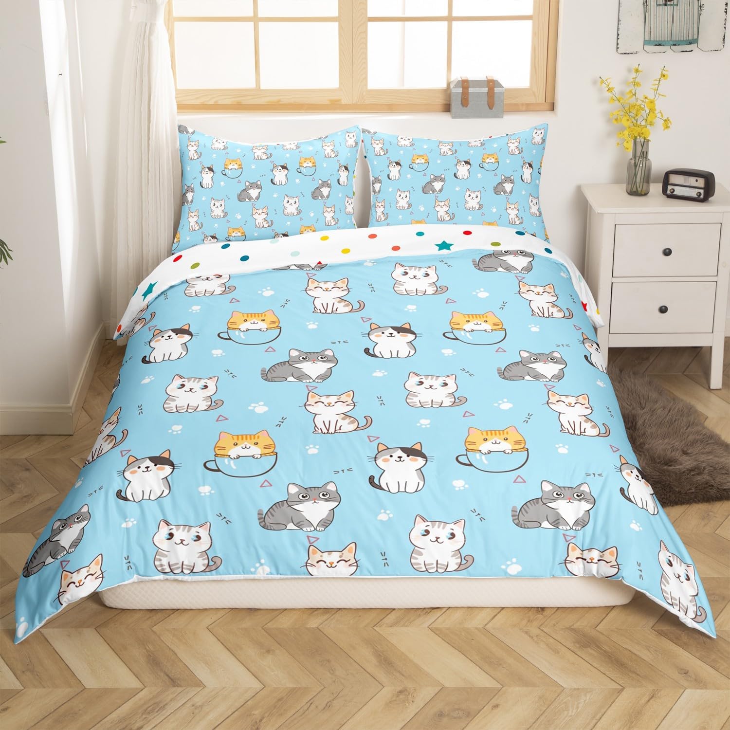 Kawaii Animal Duvet Cover Set Twin Blue Cat