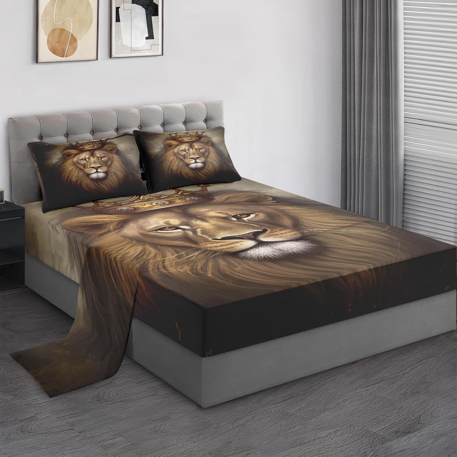 Pamnest Full Size Microfiber Bed Sheet Set with King Lion Pattern