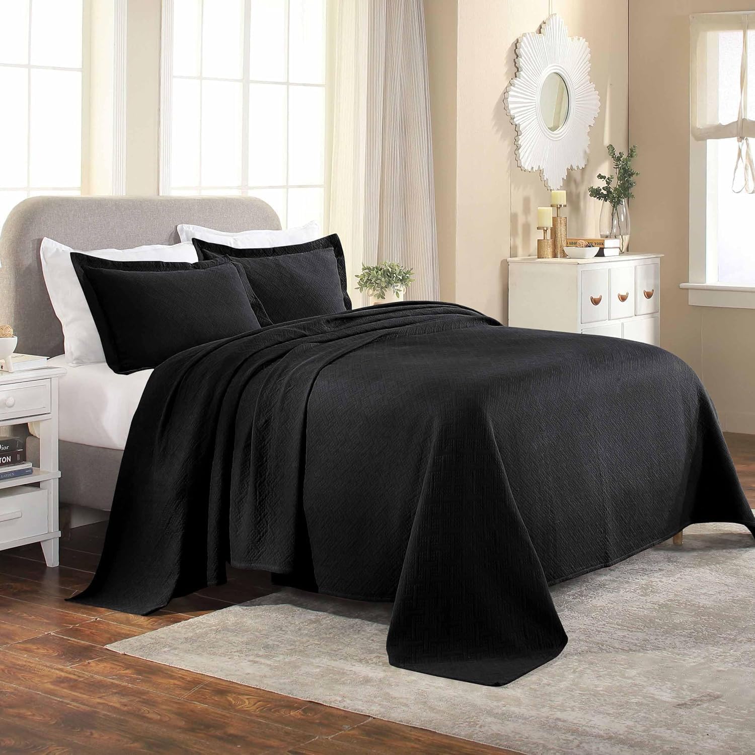 Superior 3 Piece Basketweave Cotton Bedspread Set Full Black