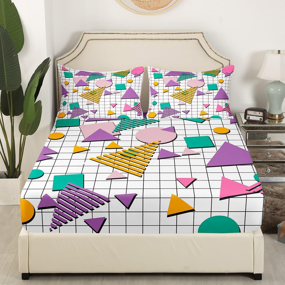 80s Memphis Purple Abstract Queen Sheet Set with Deep Pocket