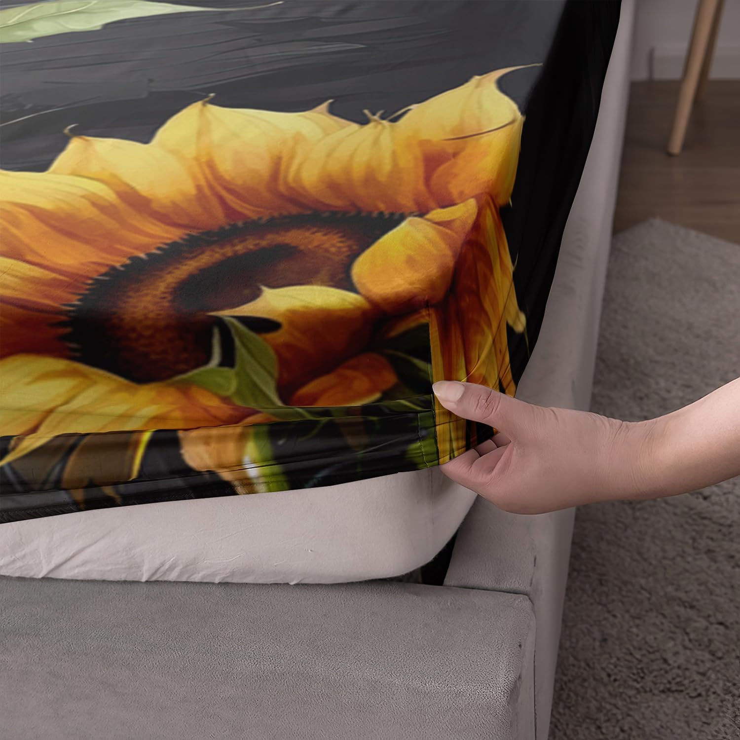 Gothic Skull Fitted Sheet with Sunflower Pattern Queen Size Set