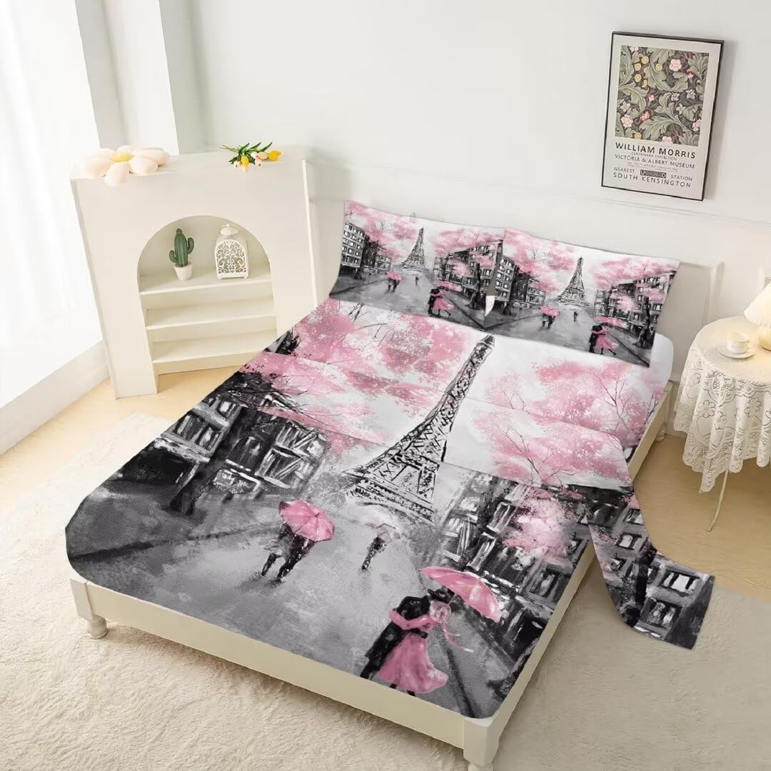Kxry Pink Paris Eiffel Tower Fitted Sheet Set