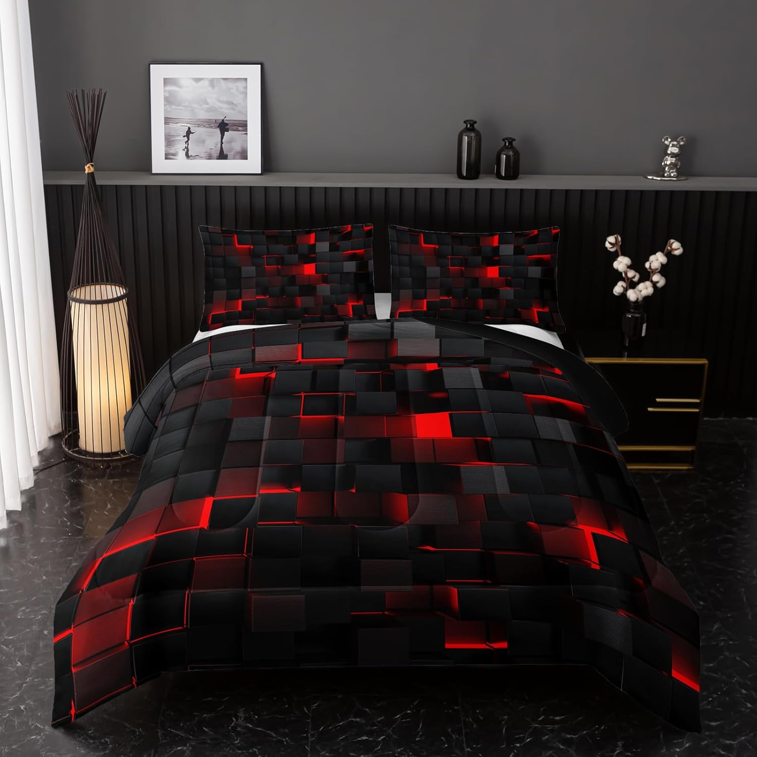 Neon Red Black Kids Comforter Set 3PCS Geometric Honeycomb Bedding