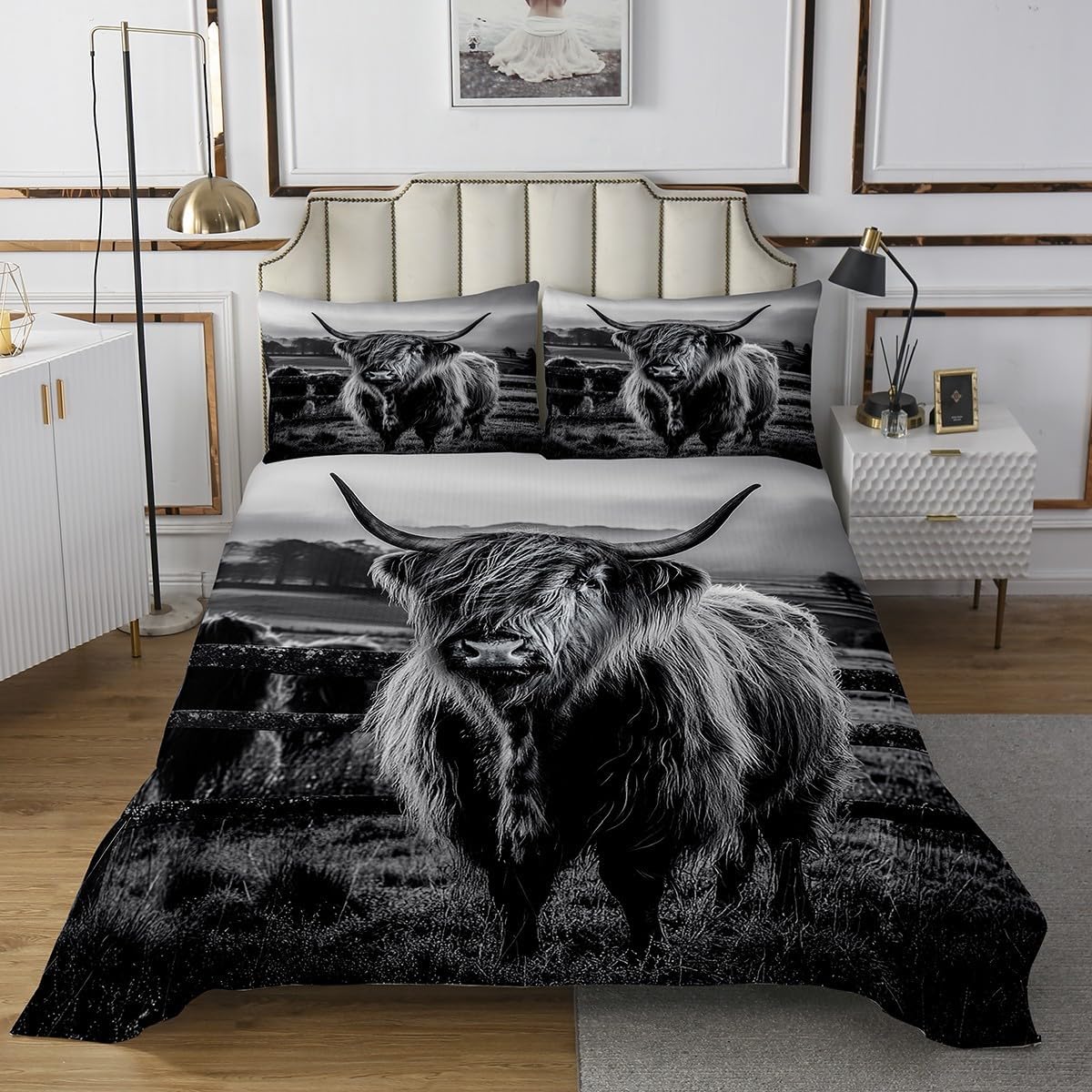 Highland Cow Bedspread King Size Grey Bull Quilt Set