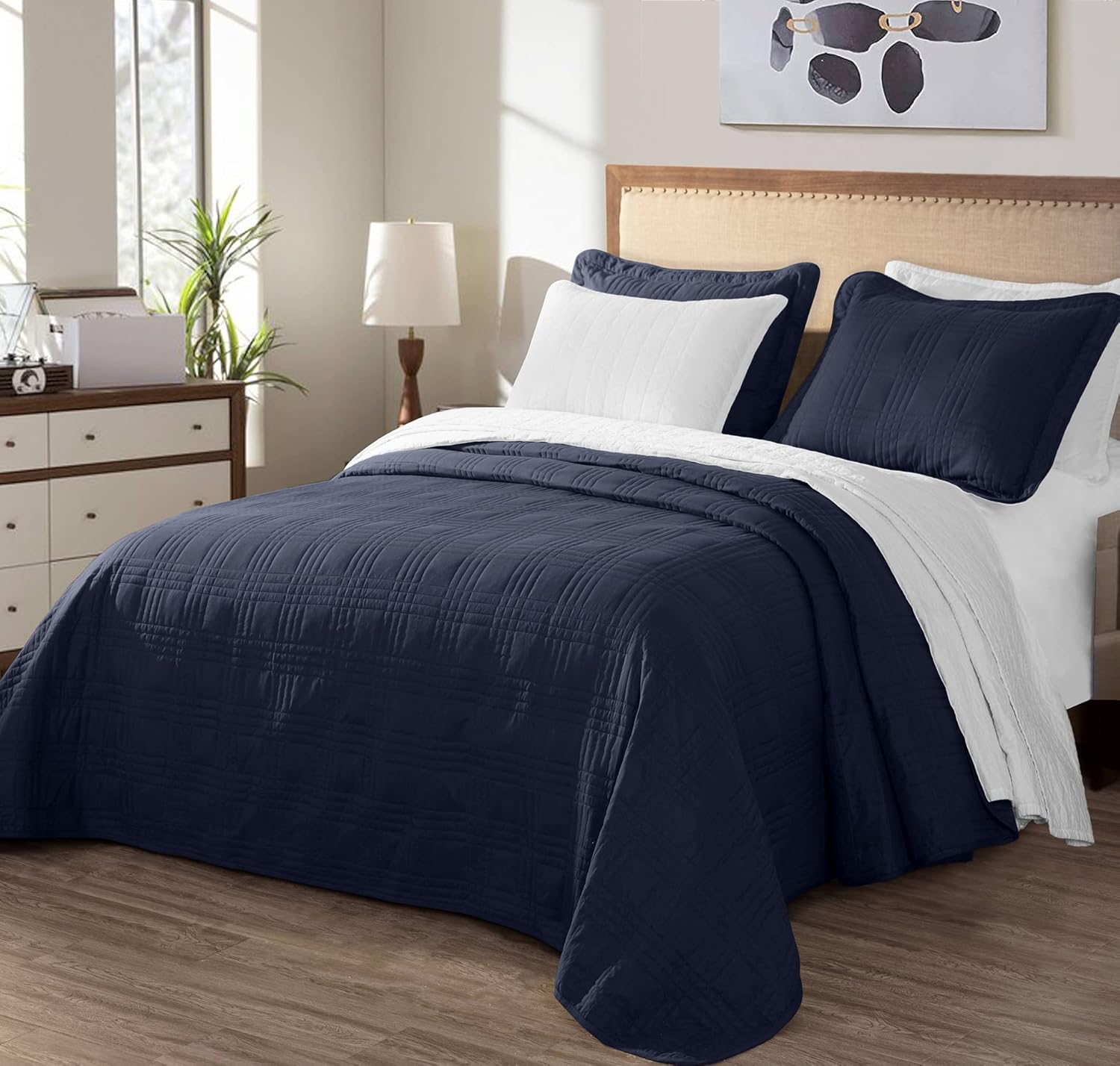 Chezmoi Kingston Queen Bedspread Set 3-Piece Navy