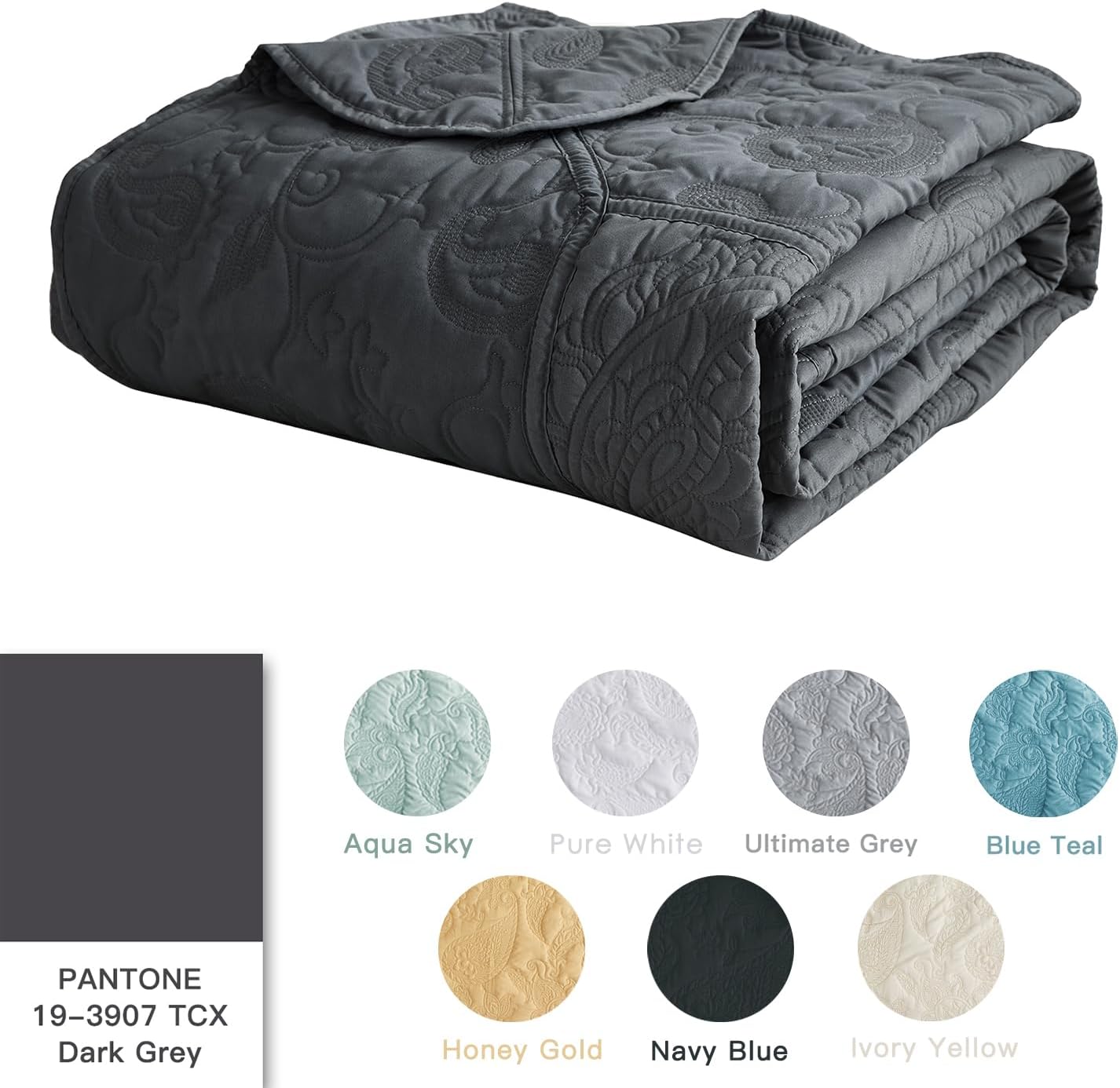 HZ HY Oversized King Bedspread Set 128x120 Reversible Dark Grey