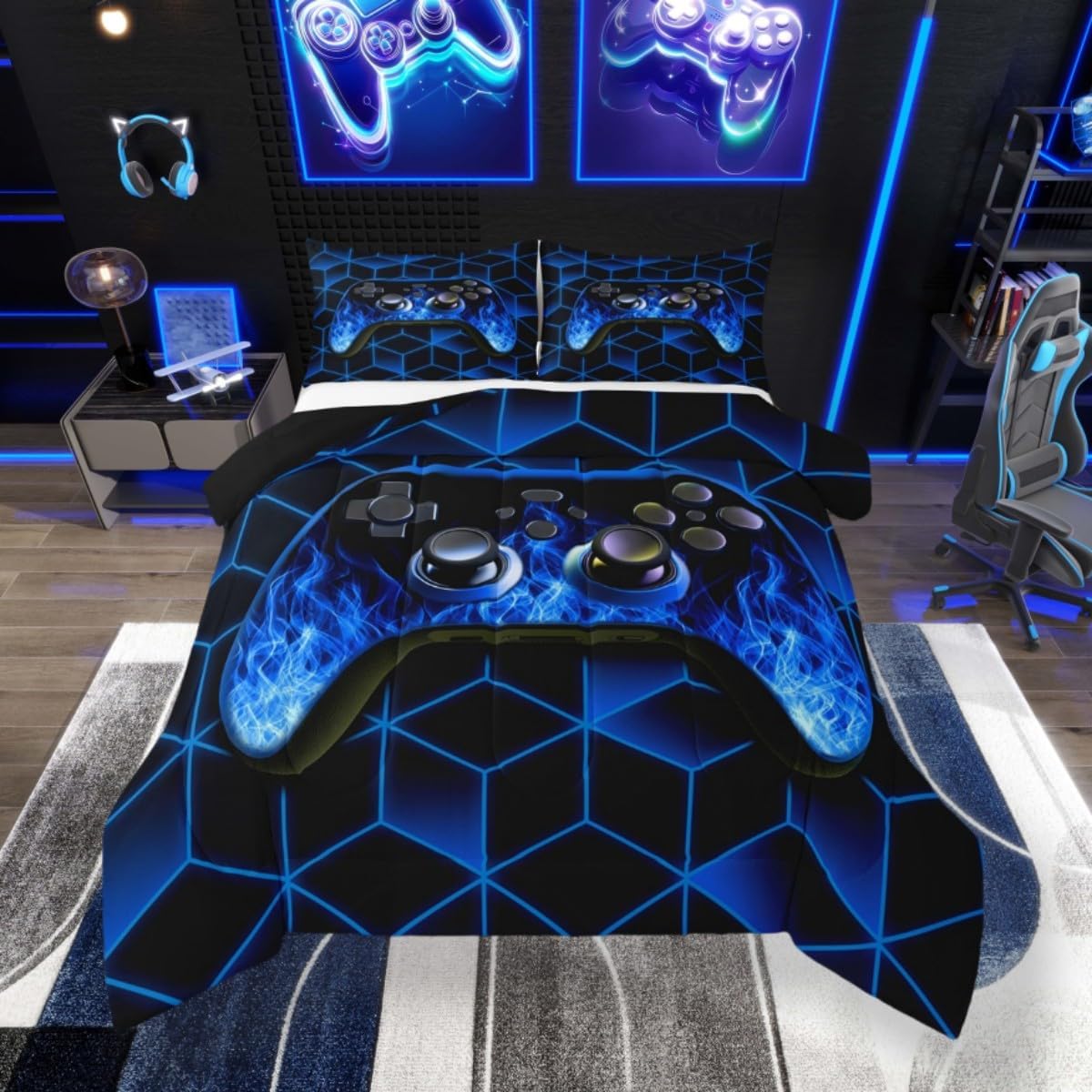 Erosebridal Blue Gaming Comforter Set - Neon Geometry Kids Bedding for Boys