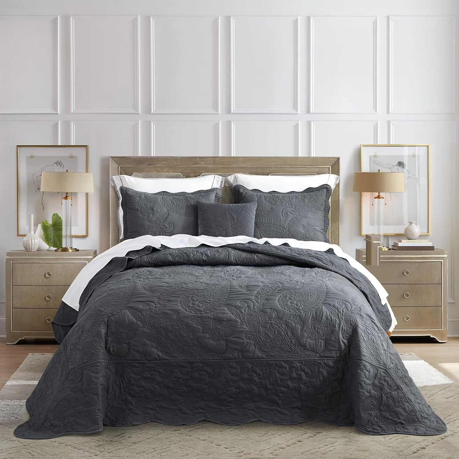 HZ HY Oversized King Bedspread Set 128x120 Reversible Dark Grey