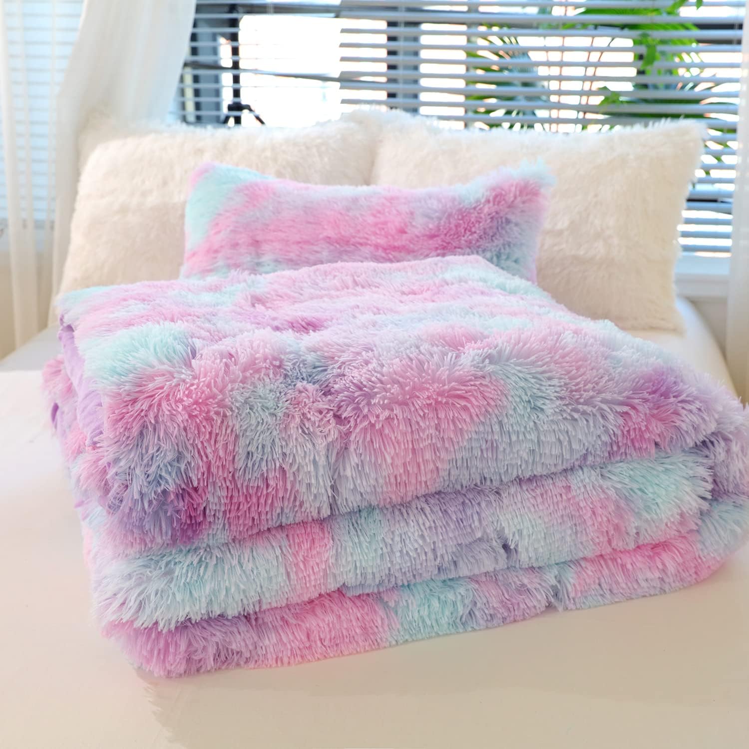 Kids Girls Faux Fur Queen Comforter Set 3PC