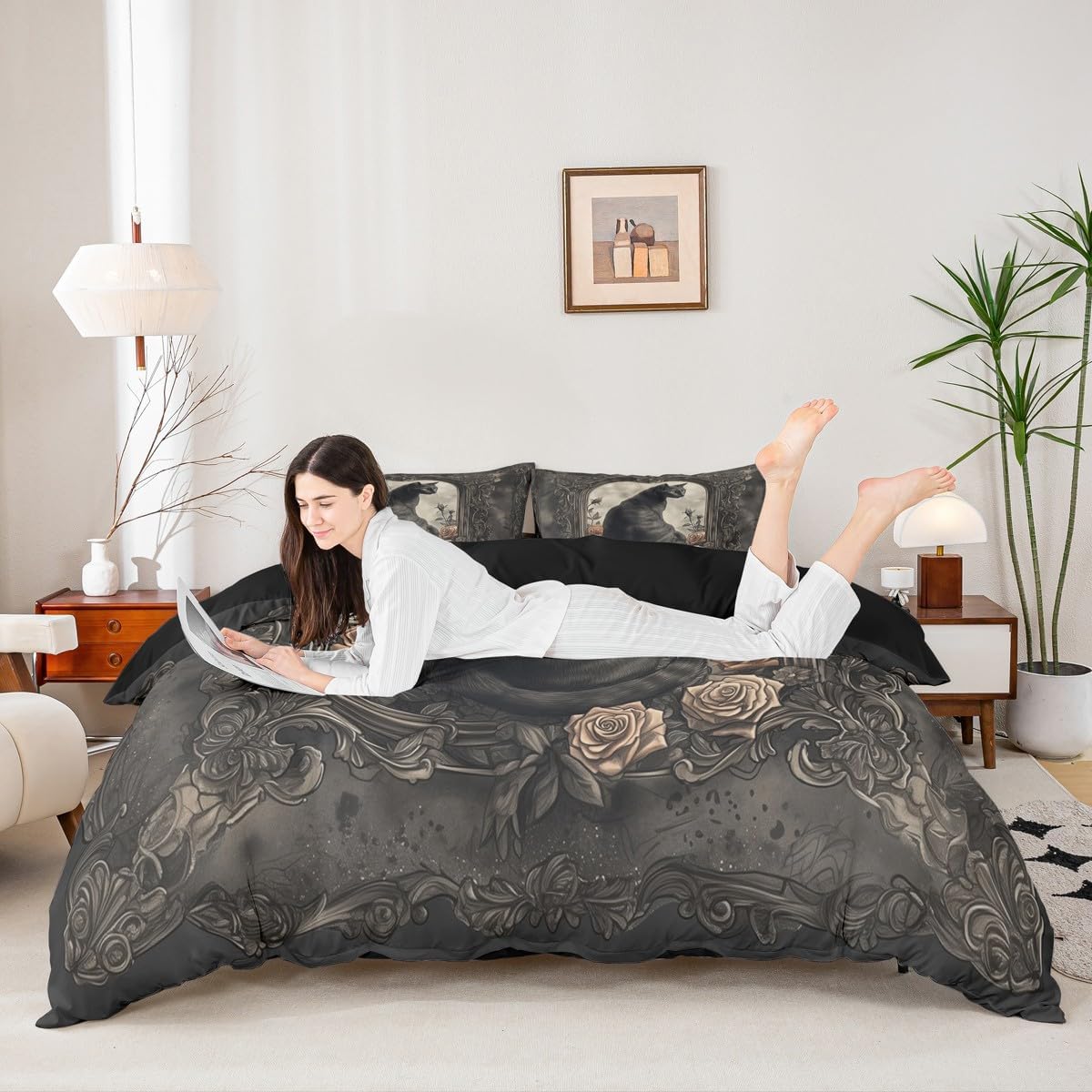 Manfei Black Cat Duvet Cover Set with 2 Pillowcases