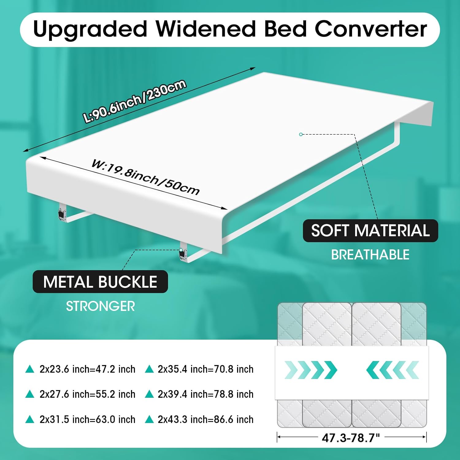Twin to King Bed Bridge Converter with Metal Buckles and Straps - White