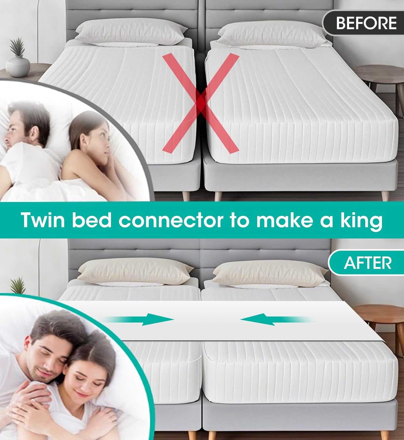 Twin to King Bed Bridge Converter with Metal Buckles and Straps - White