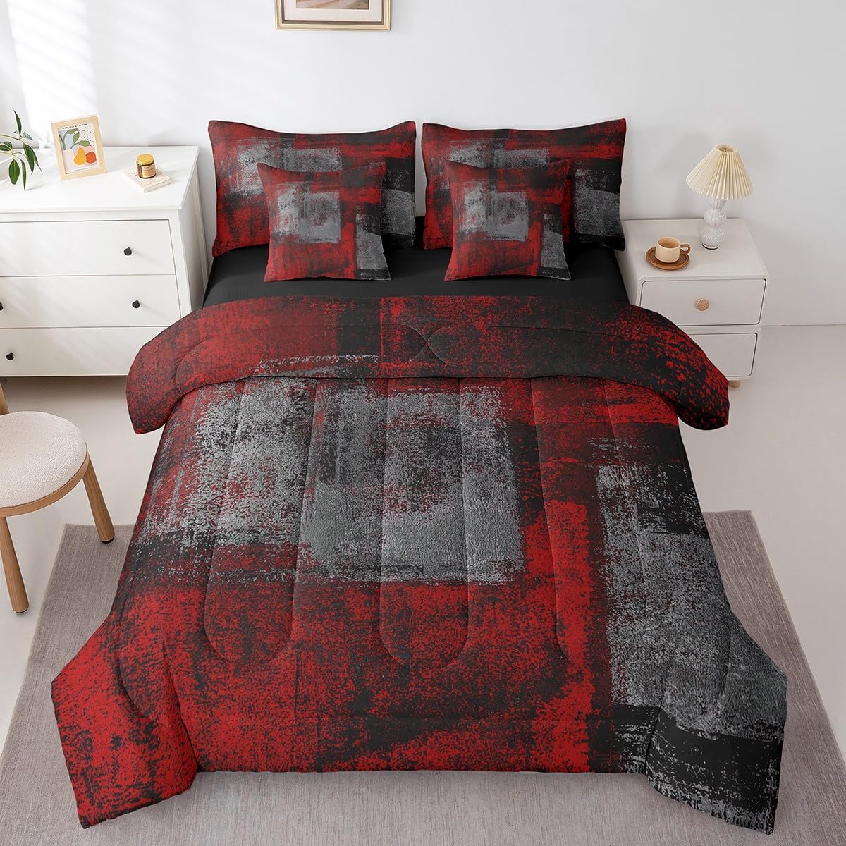 Erosebridal 7 Piece King Comforter Set with Red Black Grey Ombre Design