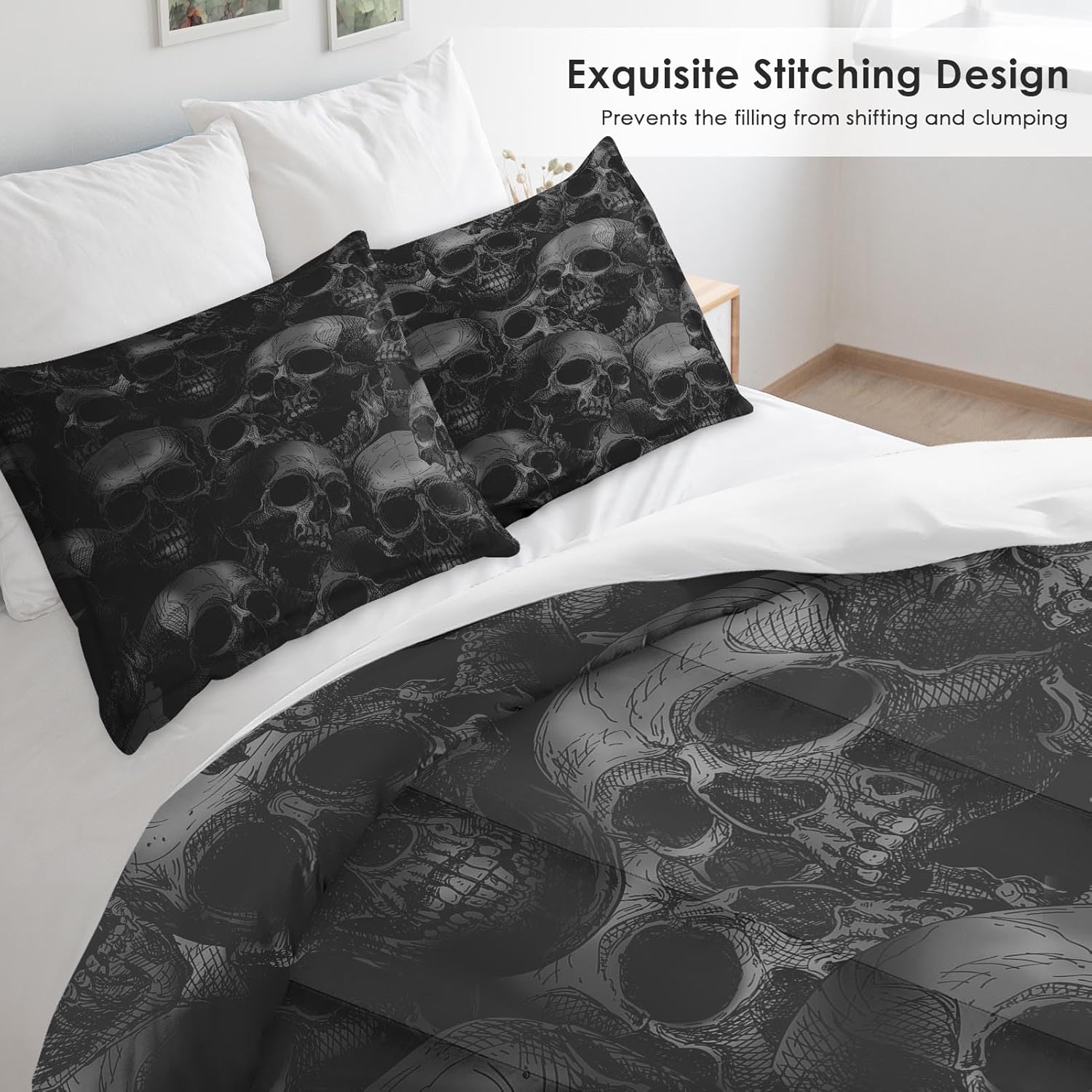 Pamnest Skull Skeleton Comforter Set 3 Pcs Full Size