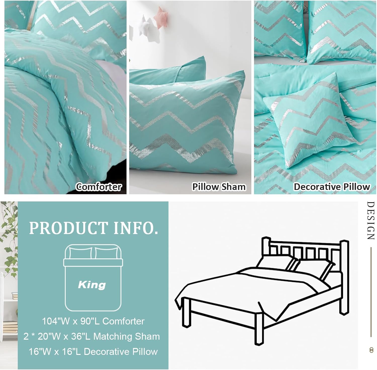 Menghomeus Aqua Comforter Set King Metallic Teal and Silver 1