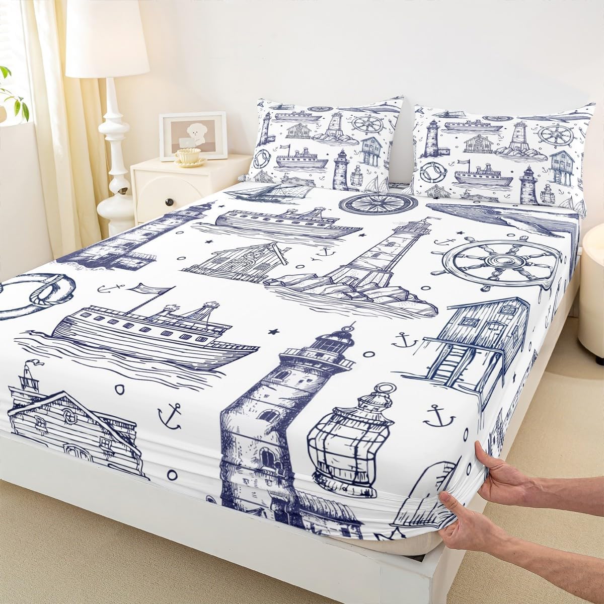 Homewish Sea Nautical Queen Sheet Set 3Pcs with Lighthouse Design