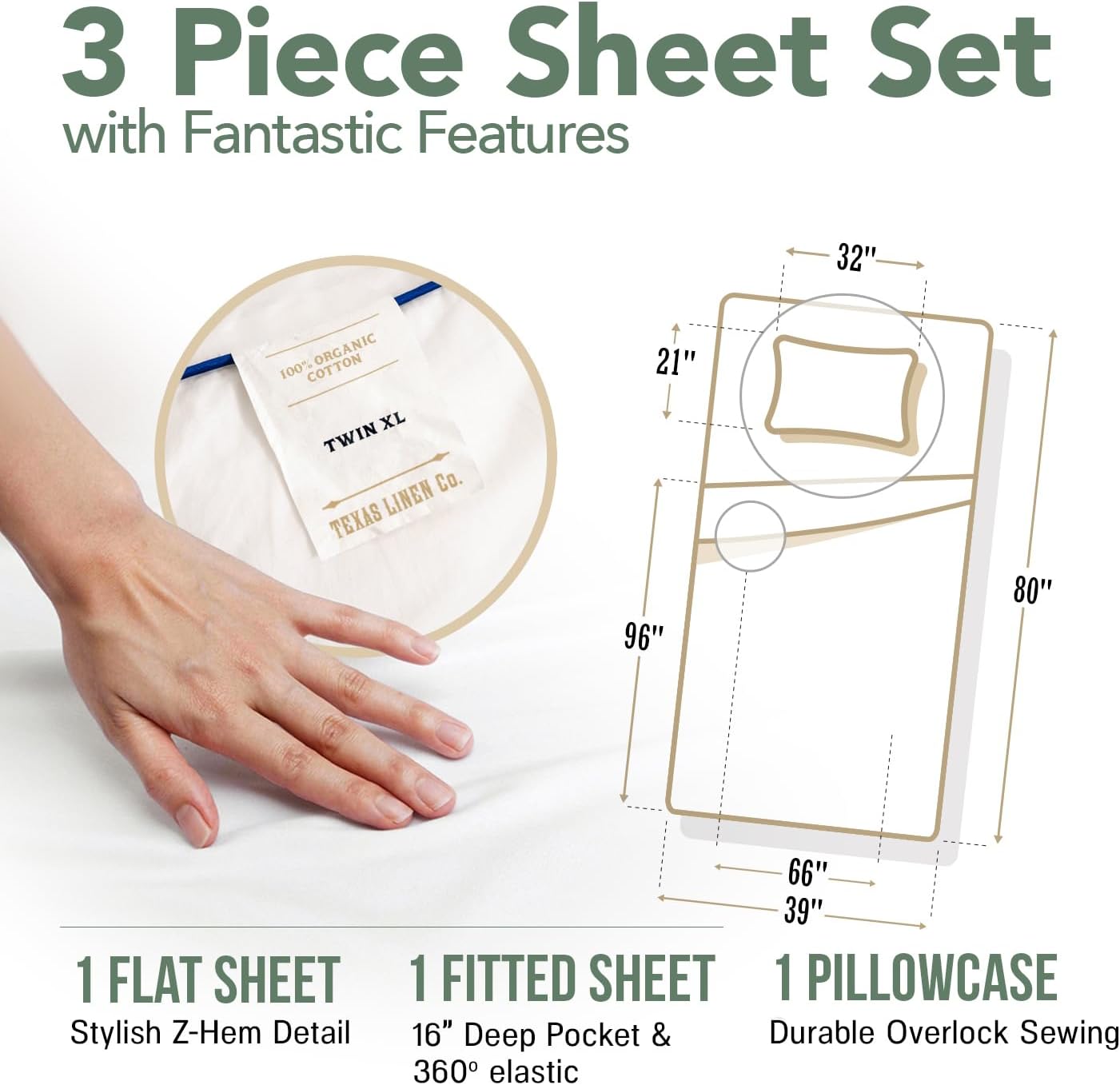 Texas Linen Co Organic Cotton Percale Sheets Twin XL Set