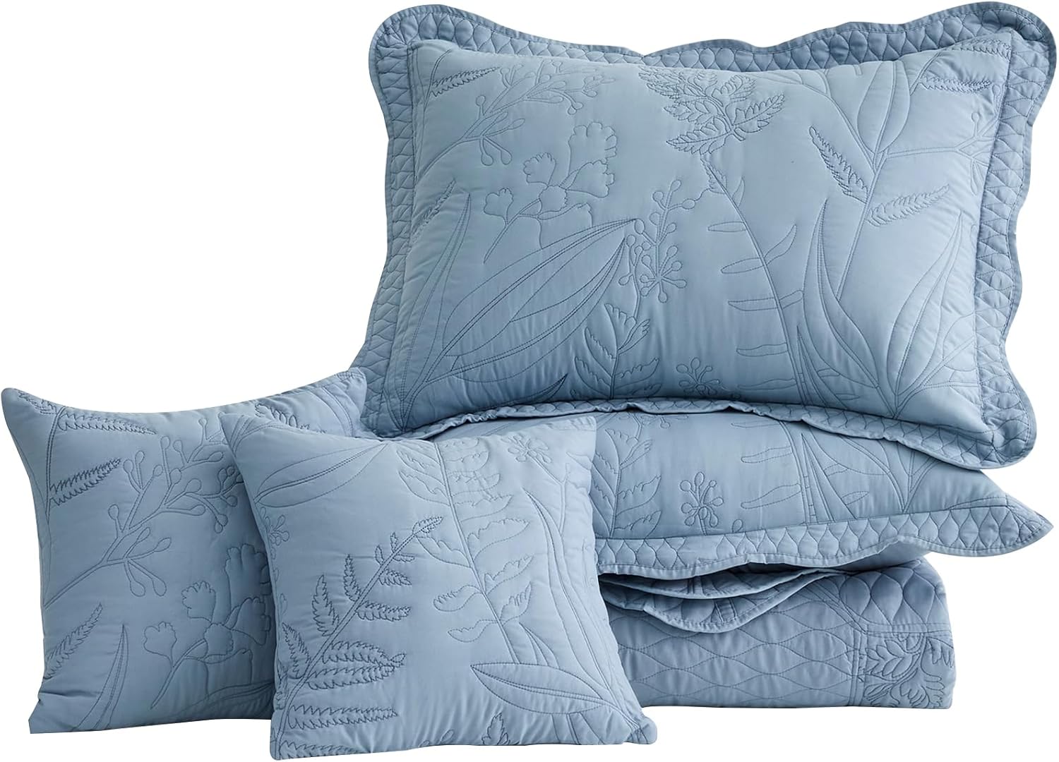 DaisyHuang Botanical Bedspread Set - Leaves Pattern Reversible 4 Piece Ashley Blue