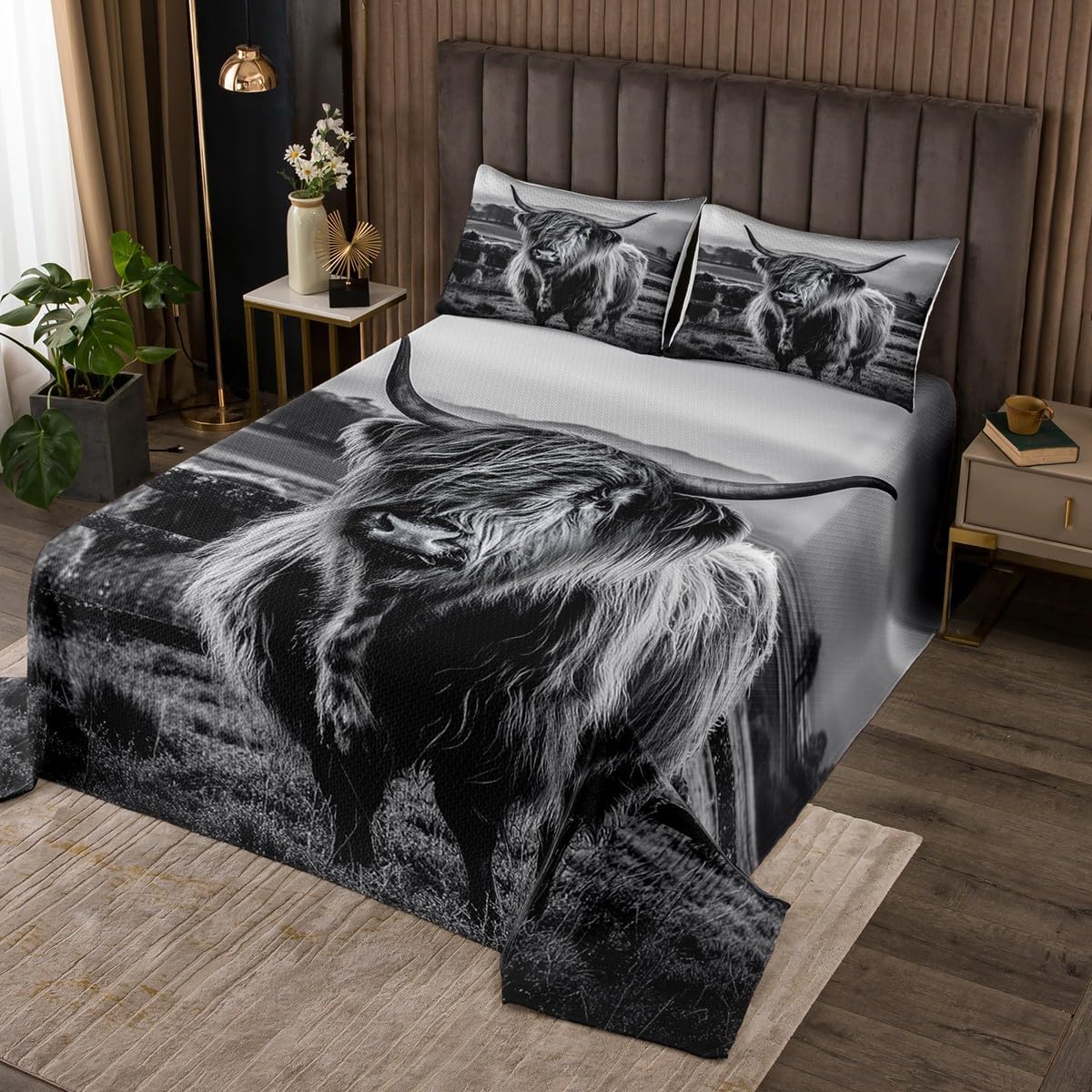 Highland Cow Bedspread King Size Grey Bull Quilt Set