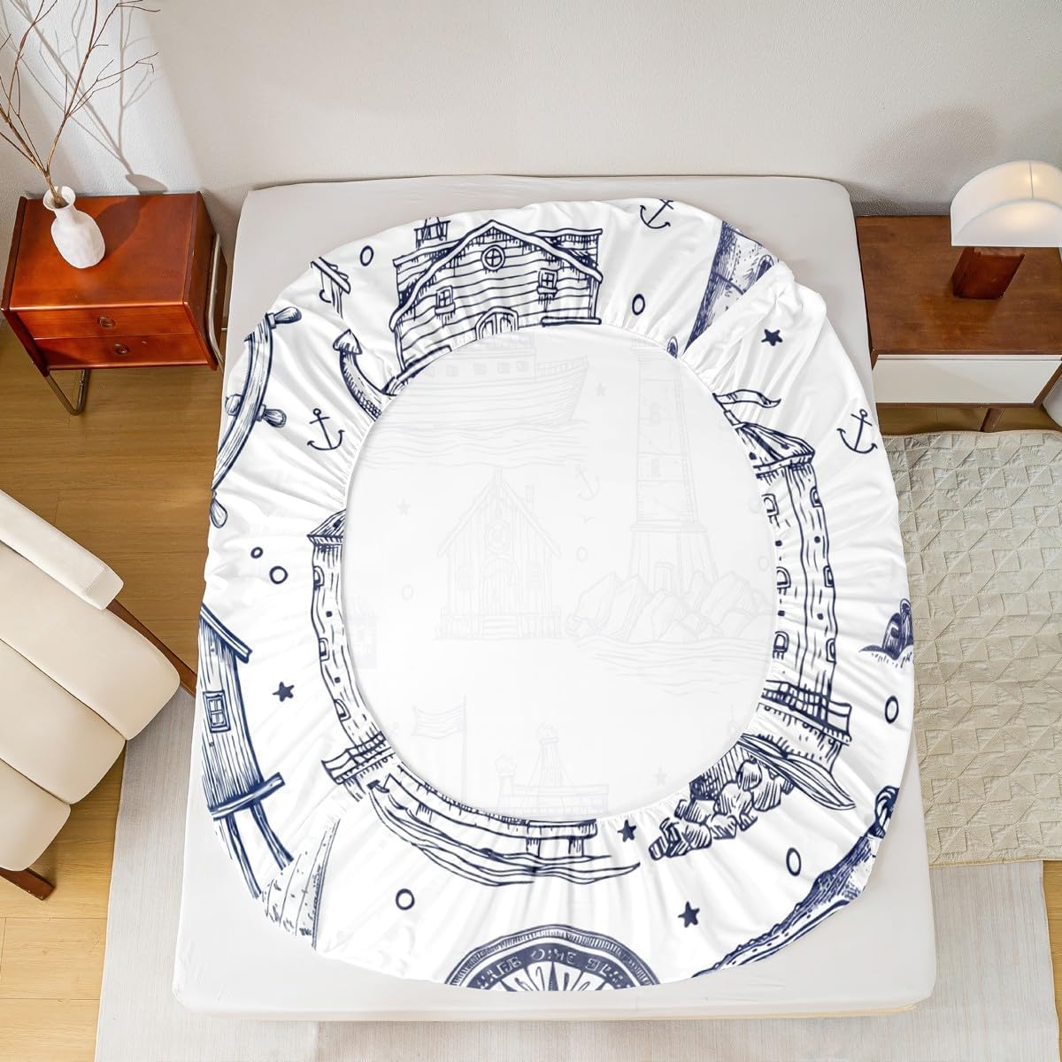 Homewish Sea Nautical Queen Sheet Set 3Pcs with Lighthouse Design