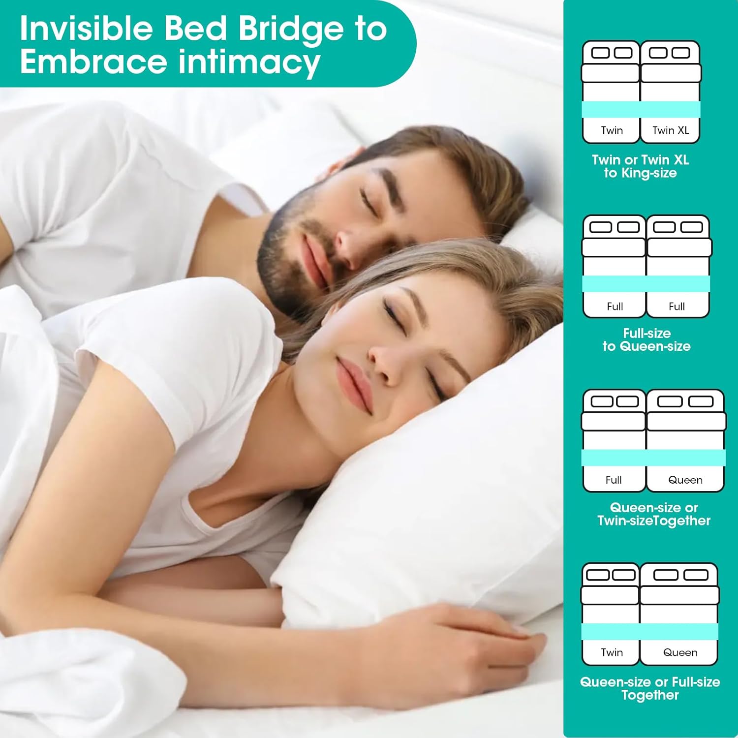 Twin to King Bed Bridge Converter with Metal Buckles and Straps - White