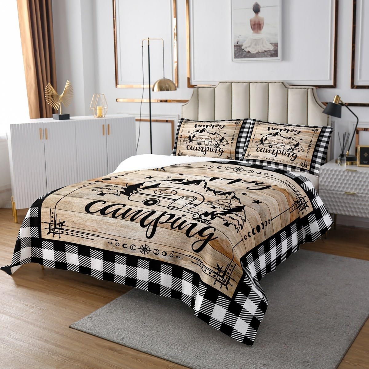 Erosebridal Happy Camping Queen Quilt Set