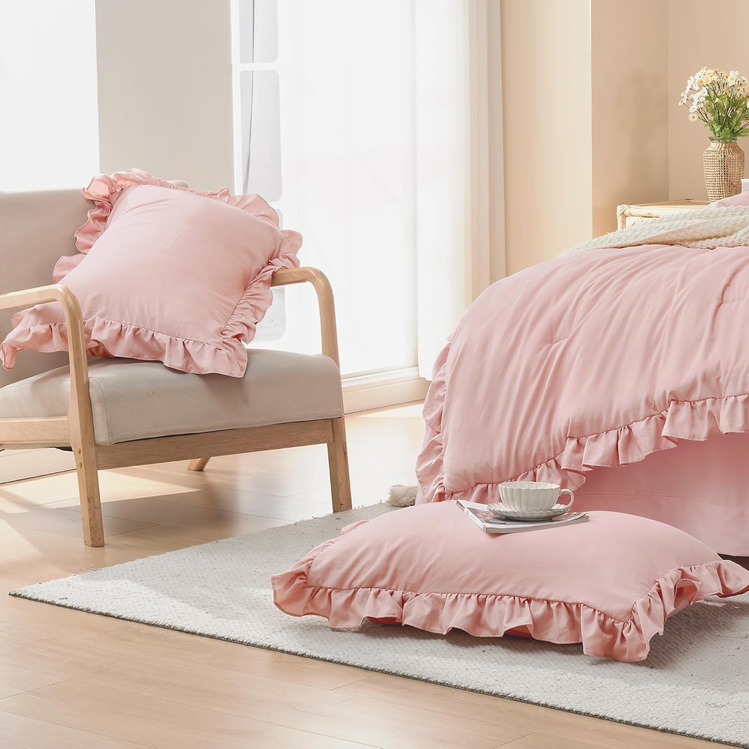 Litanika Blush Pink Ruffle Comforter Set 3 Piece