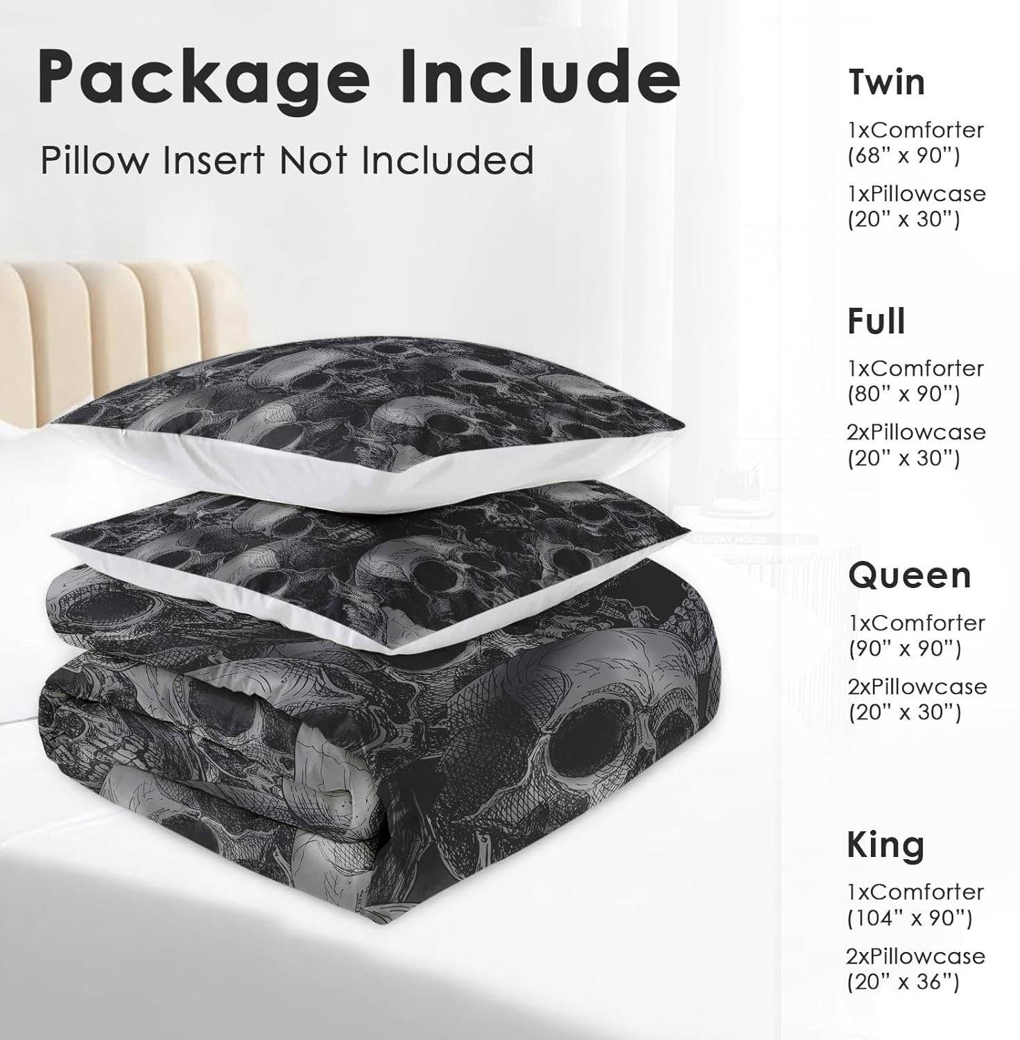 Pamnest Skull Skeleton Comforter Set 3 Pcs Full Size