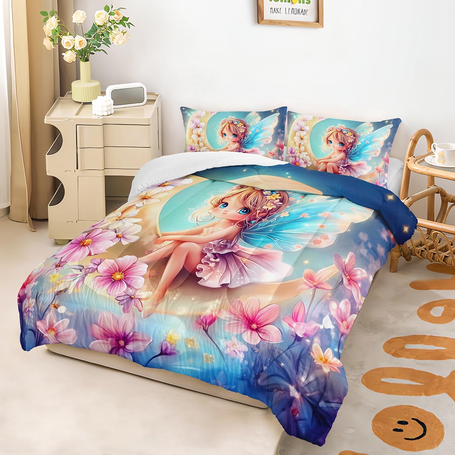 AILONEN Pink Flower Fairy Comforter Set for Kids