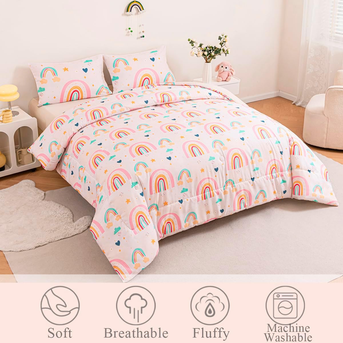 Girls Rainbow Comforter Set 3 Piece Twin