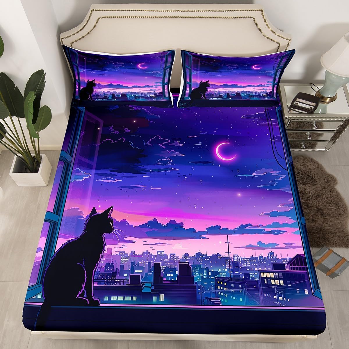 Jejeloiu King Size Cat Bed Sheets Set Purple Microfiber