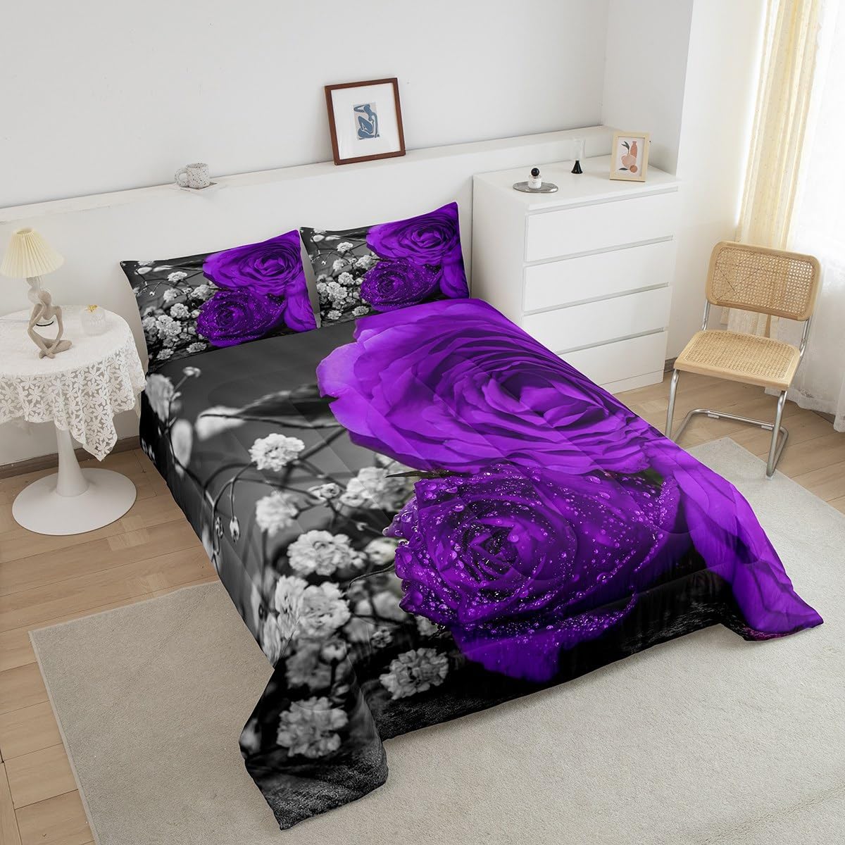 Erosebridal Purple Floral Comforter Set King 3Pcs 1