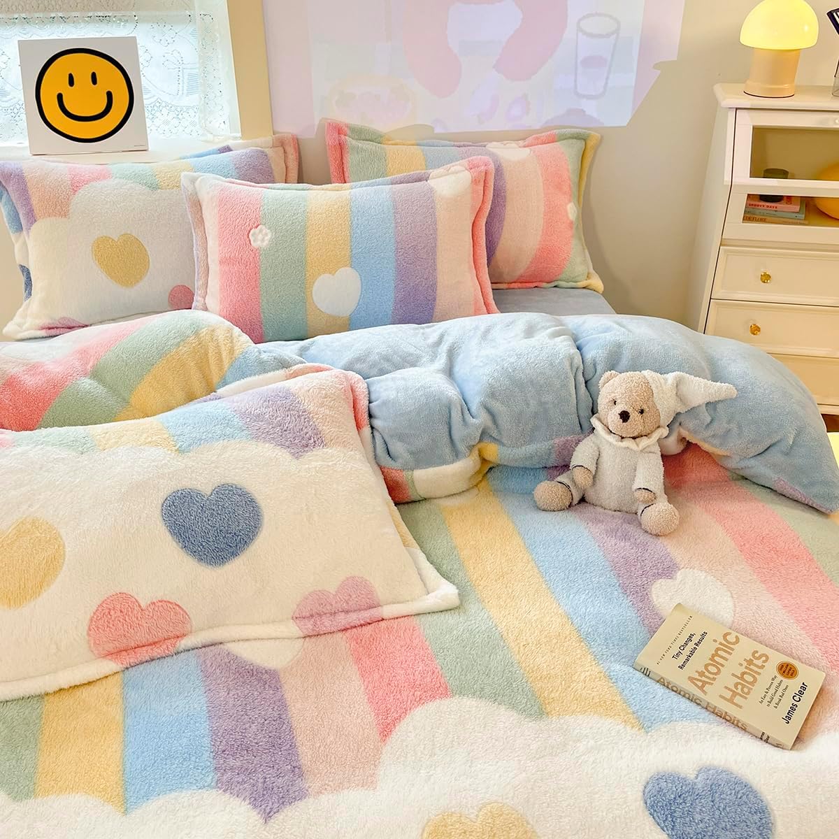 Kawaii Rainbow Heart Duvet Cover Set for Kids