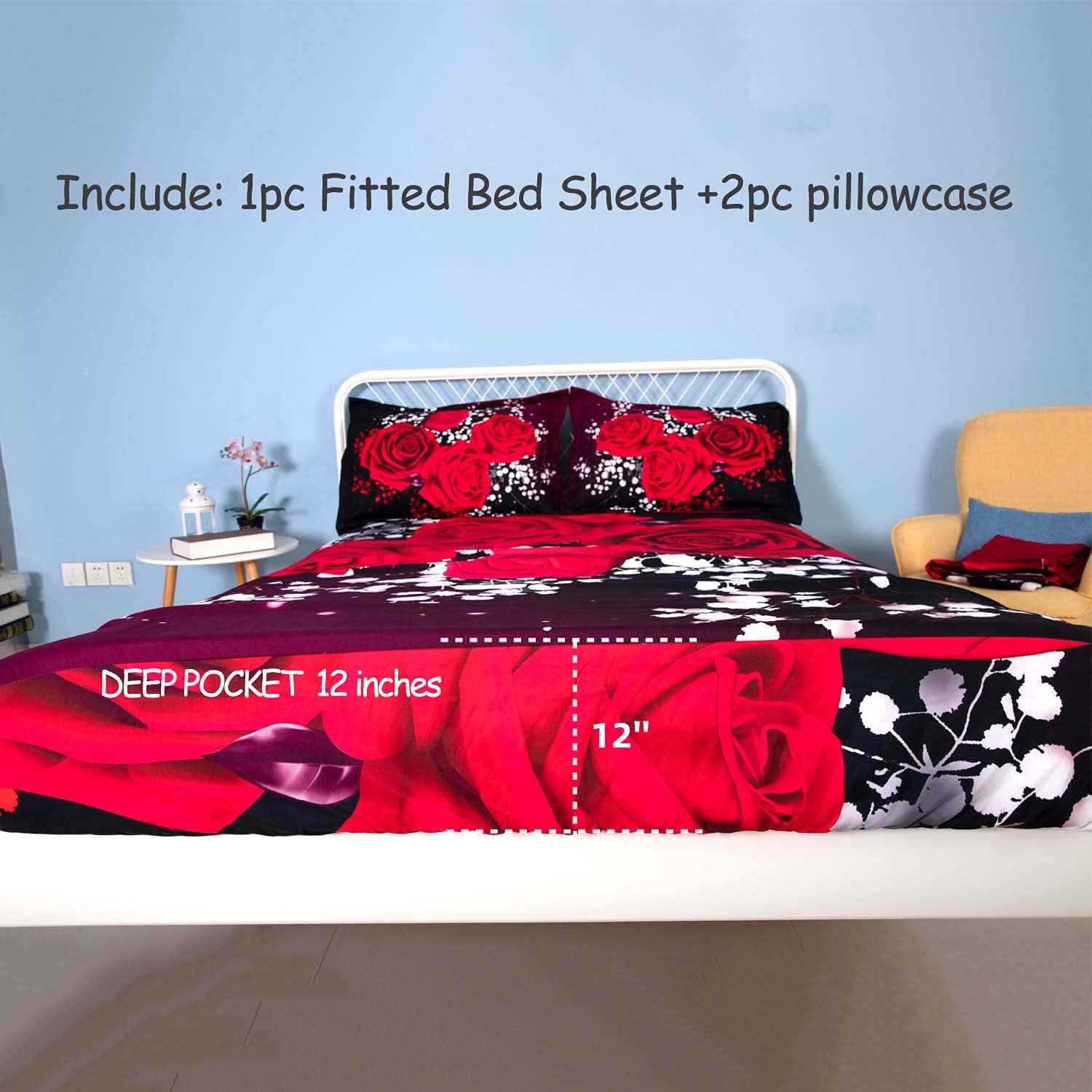 EsyDream 3D Red Rose Fitted Sheet Set - 3 Pieces King Size