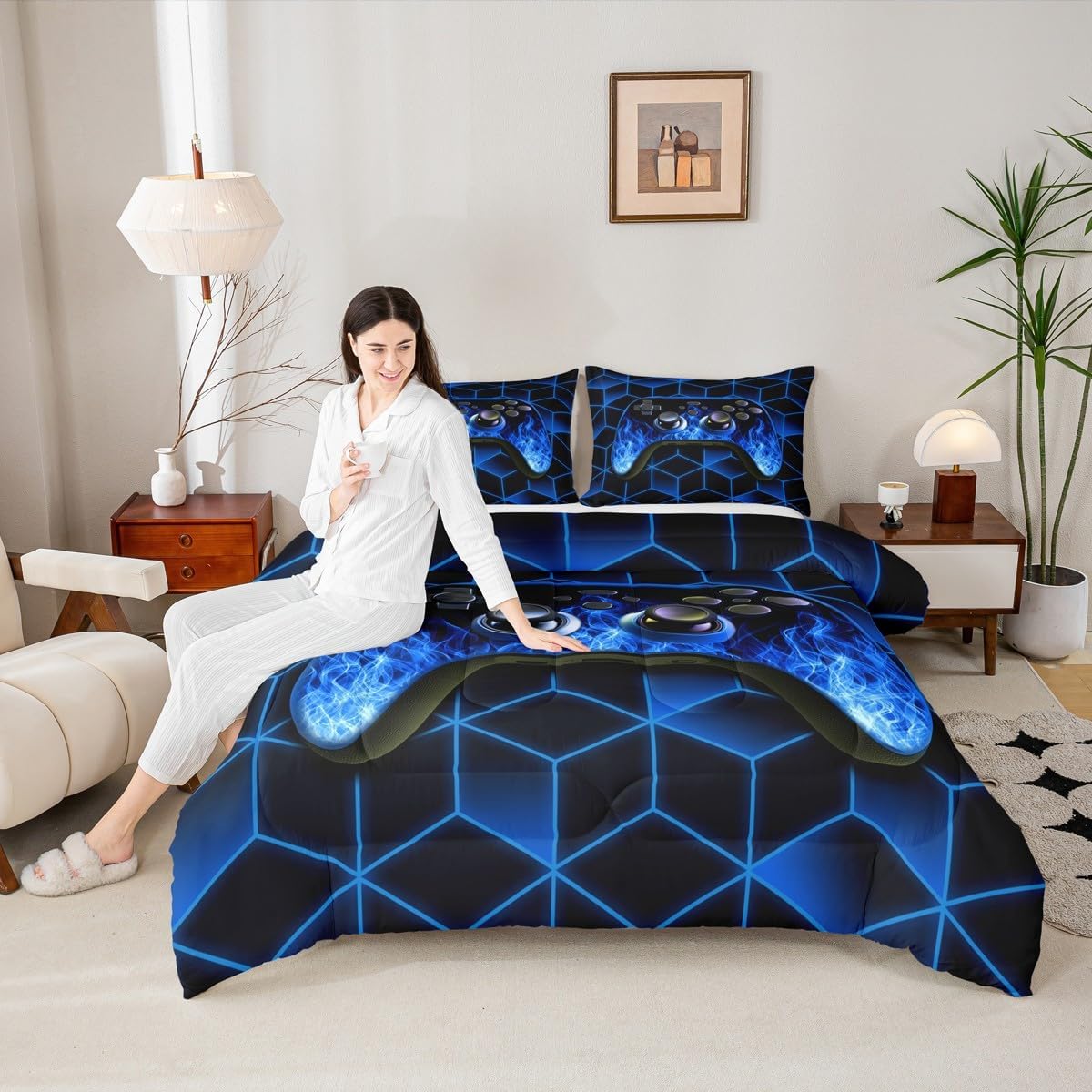 Erosebridal Blue Gaming Comforter Set - Neon Geometry Kids Bedding for Boys