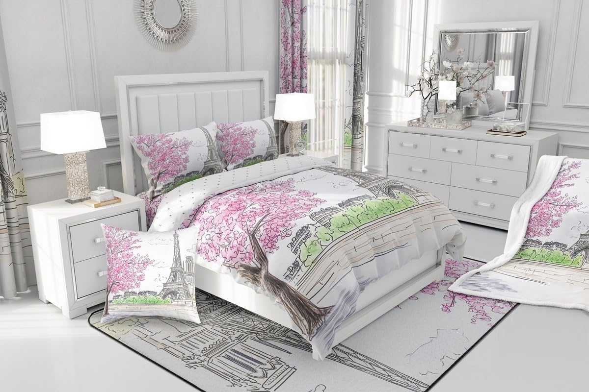 jejeloiu Paris Themed Duvet Cover Set
