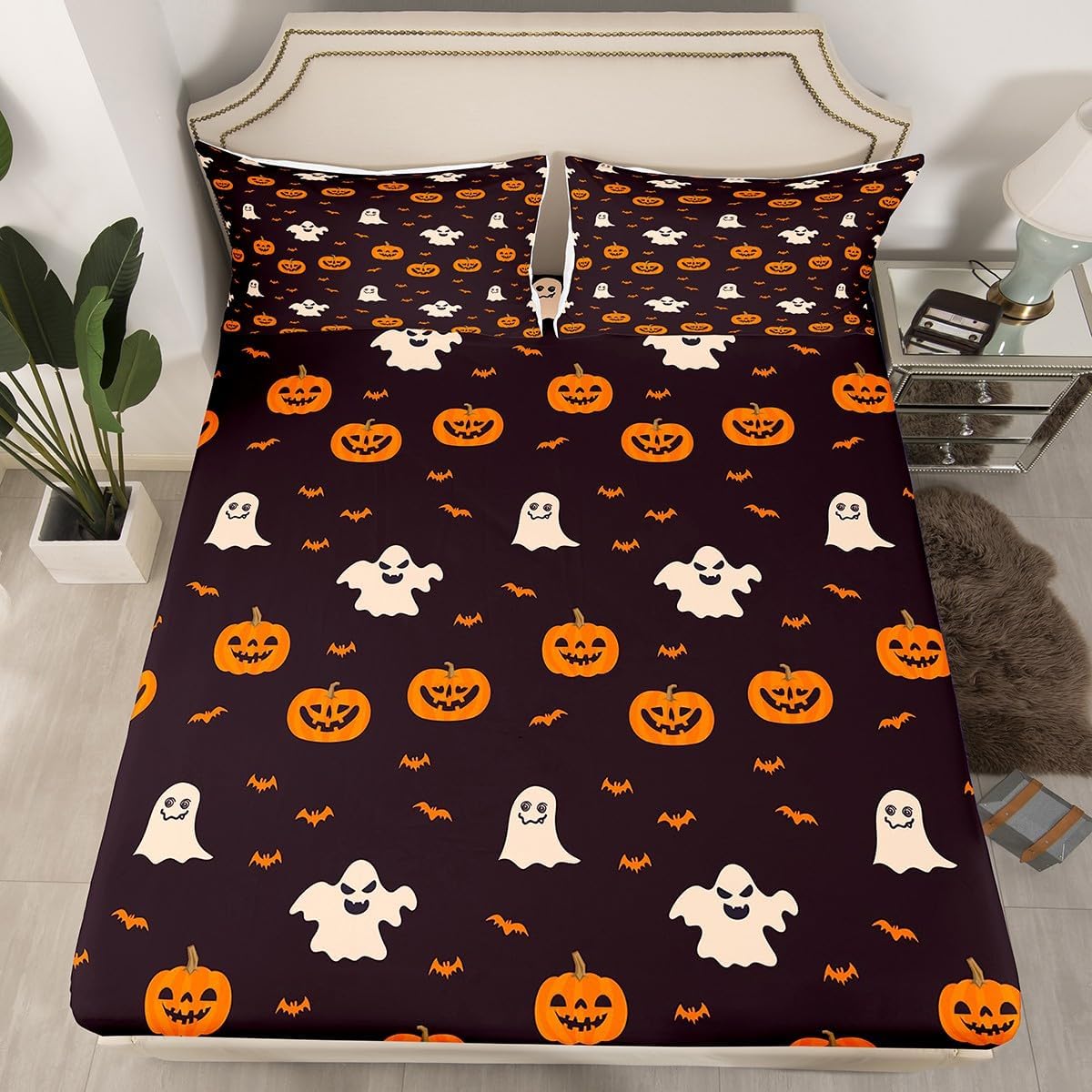 Jejeloiu King Size Pumpkin Lantern Kids Halloween Sheet Set