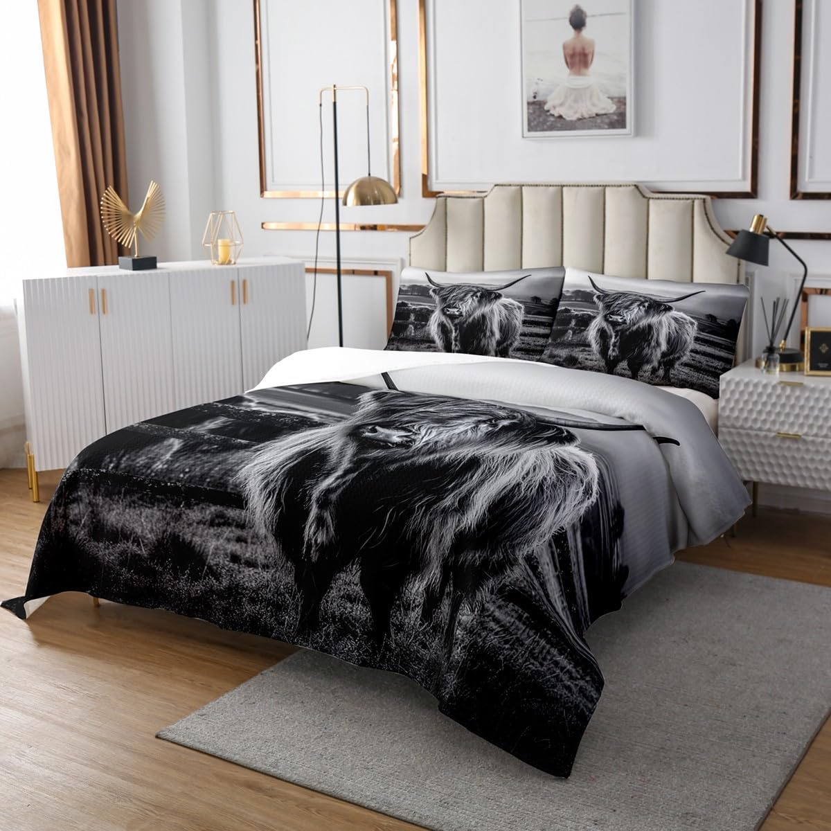 Highland Cow Bedspread King Size Grey Bull Quilt Set