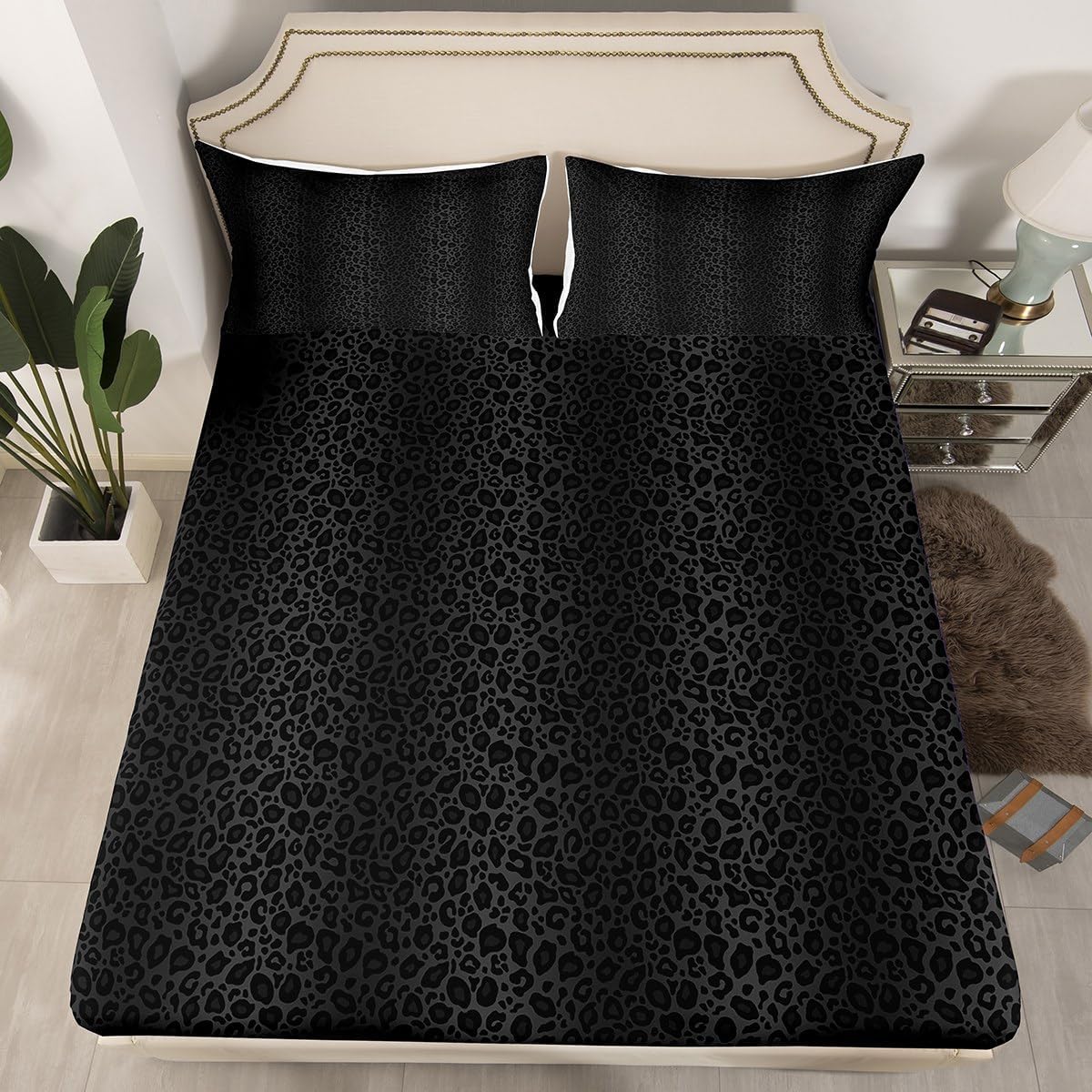Castle Fairy Black Leopard Print King Size Bed Sheet Set