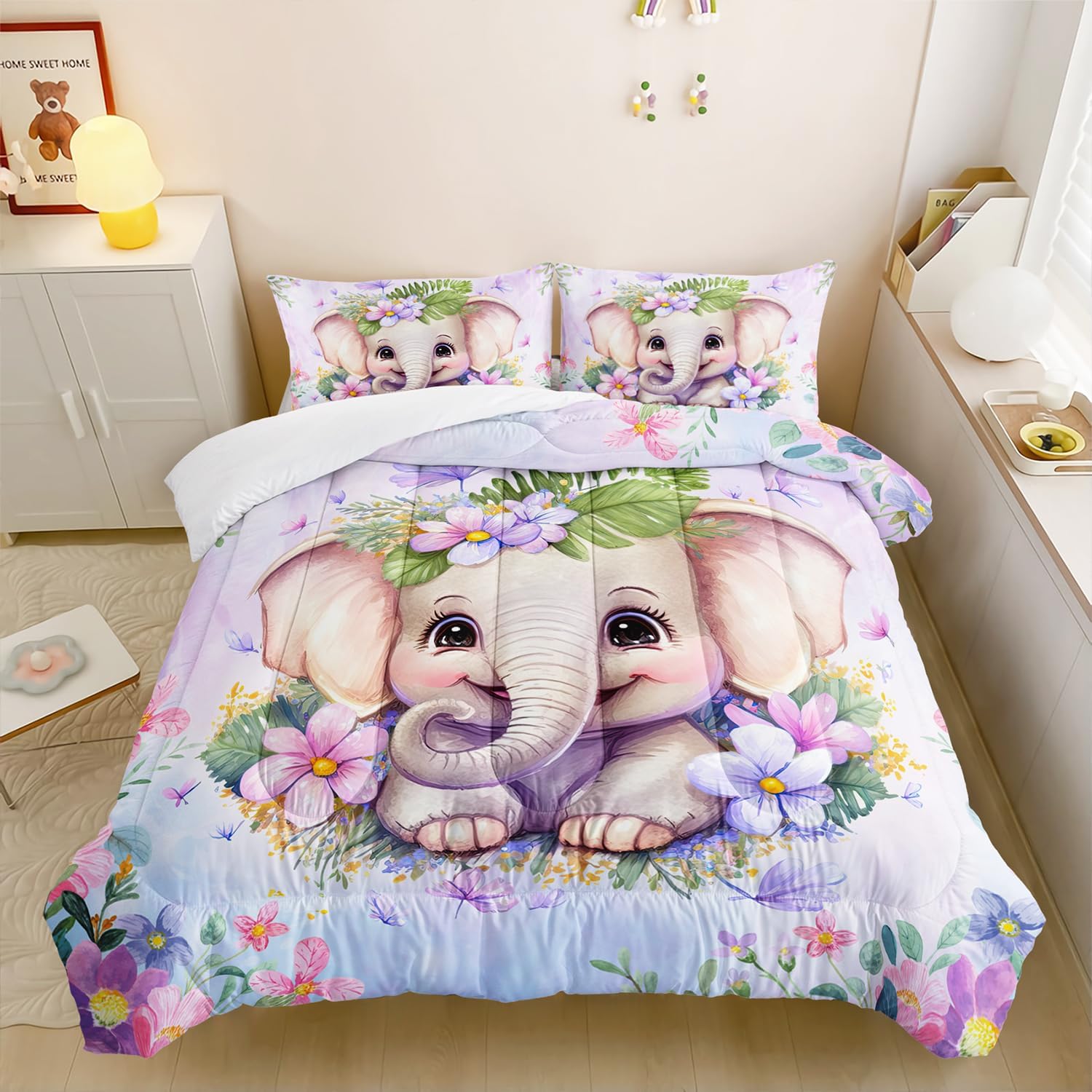 Elephant Flowers Comforter Set 3pcs for Kids