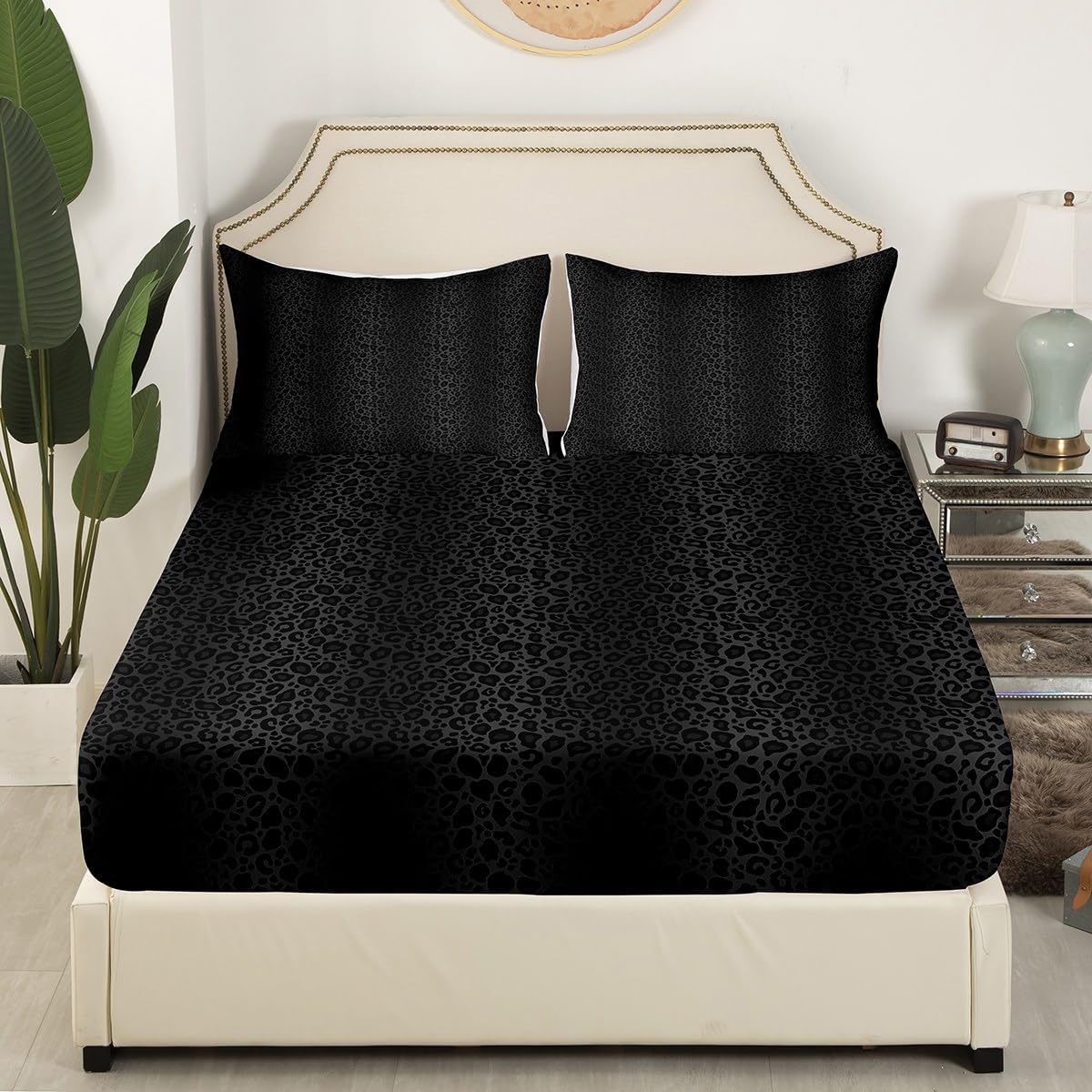 Castle Fairy Black Leopard Print King Size Bed Sheet Set