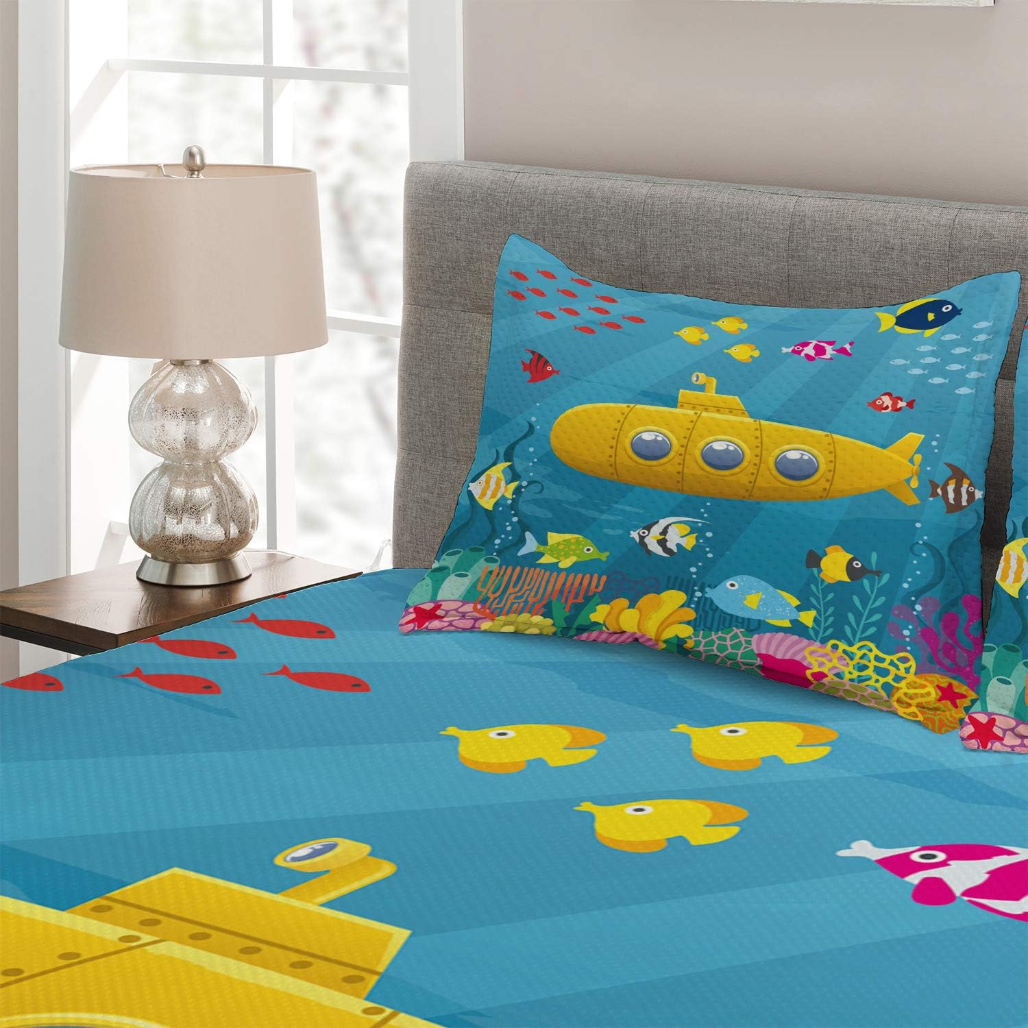 Ambesonne Yellow Submarine Coverlet Set 3 Piece