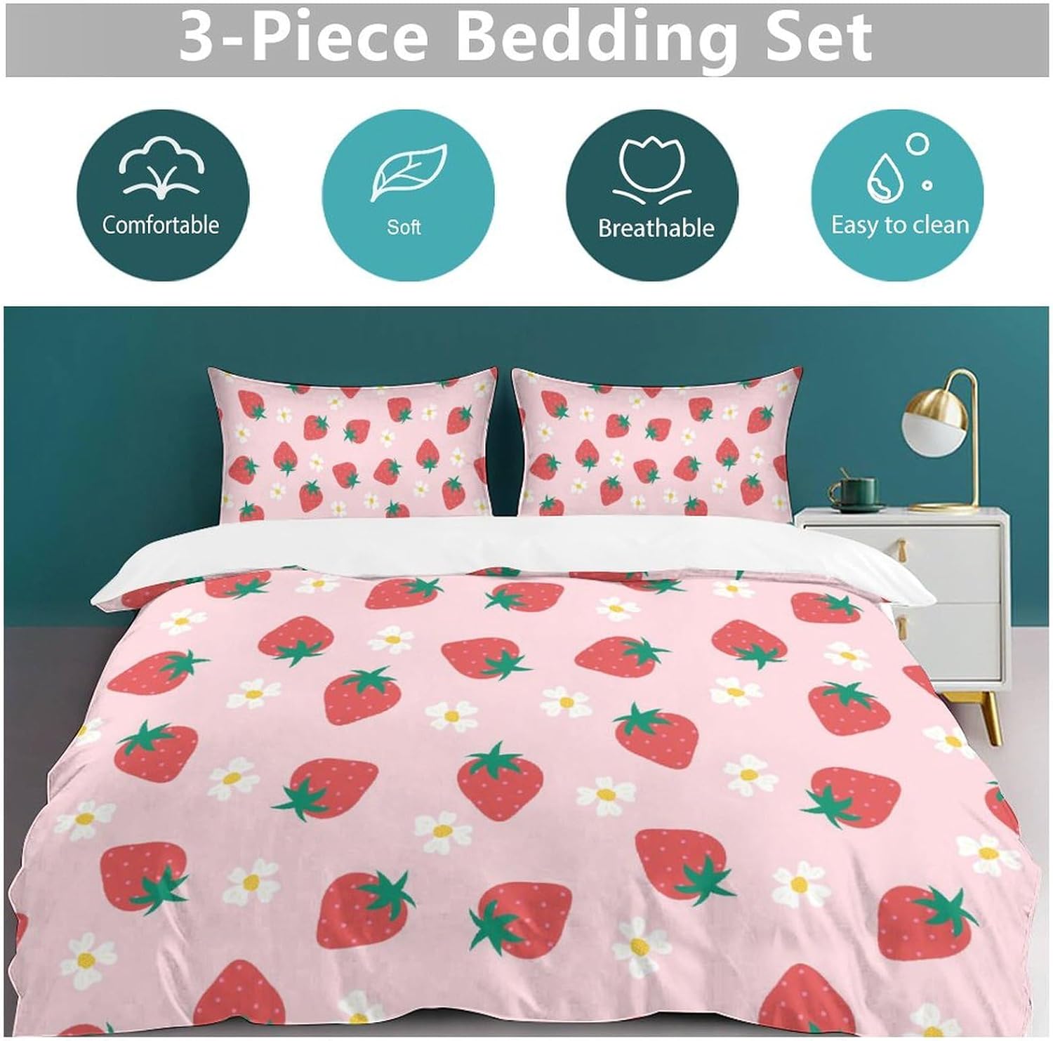 Strawberry Kids Duvet Cover Set with 68x86in Quilt and 20x30in Pillow Shams