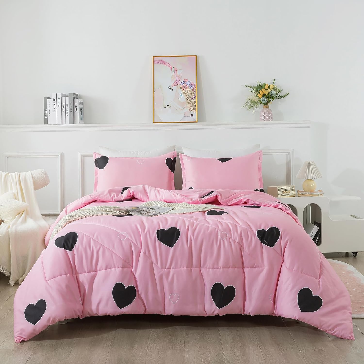 Caressma Love Heart Pink Queen Comforter Set 3 Pieces