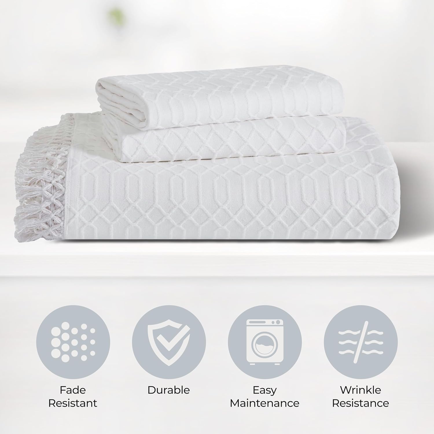 Superior Remi Cotton Blend Bedspread Set 2 Piece Geometric Fringe White