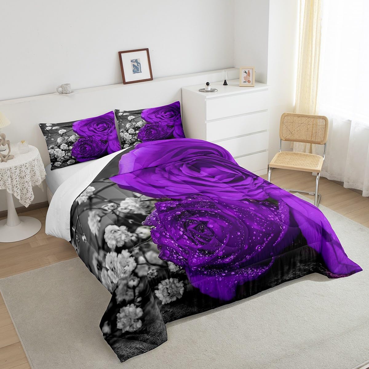 Erosebridal Purple Floral Comforter Set King 3Pcs 1