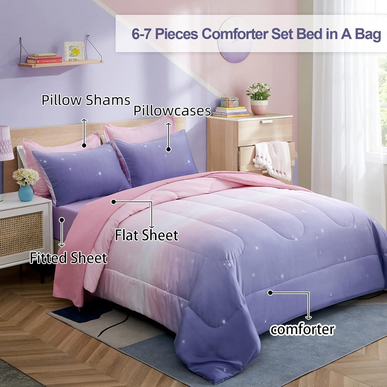 Dinjoy Girls Rainbow Comforter Set Queen 7 Pieces