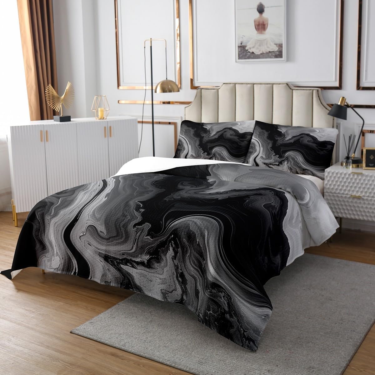 Erosebridal Grey Black Marble Queen Quilt Set