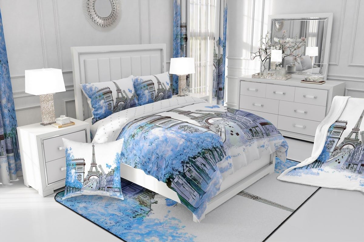 Jejeloiu Blue Eiffel Tower Duvet Cover Set