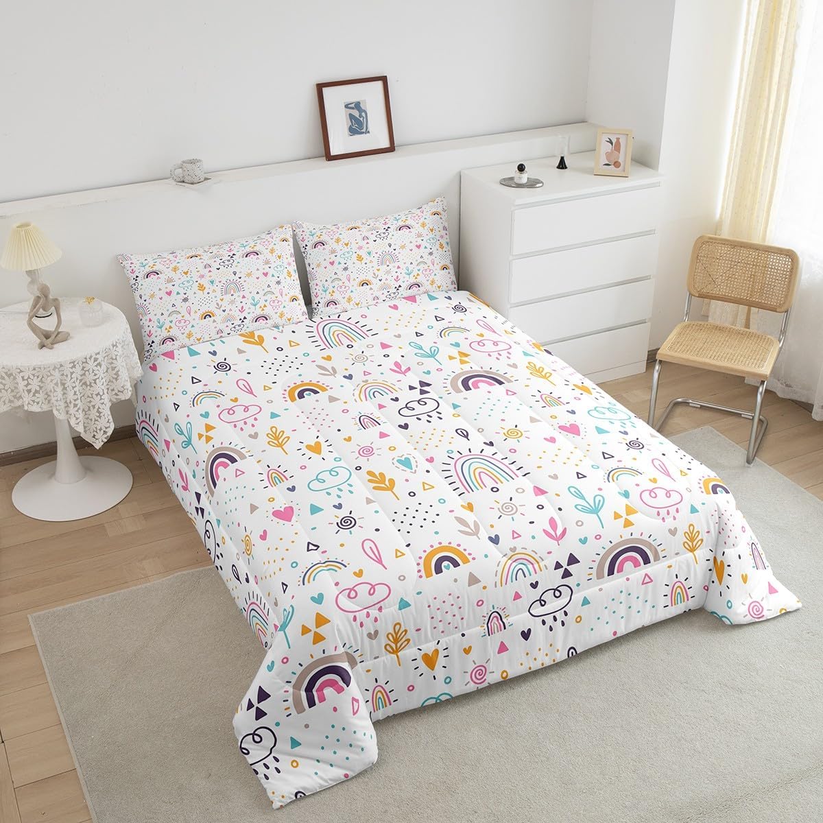 Homewish Rainbow Comforter Set 3Pcs Kids Girls Floral Bedding